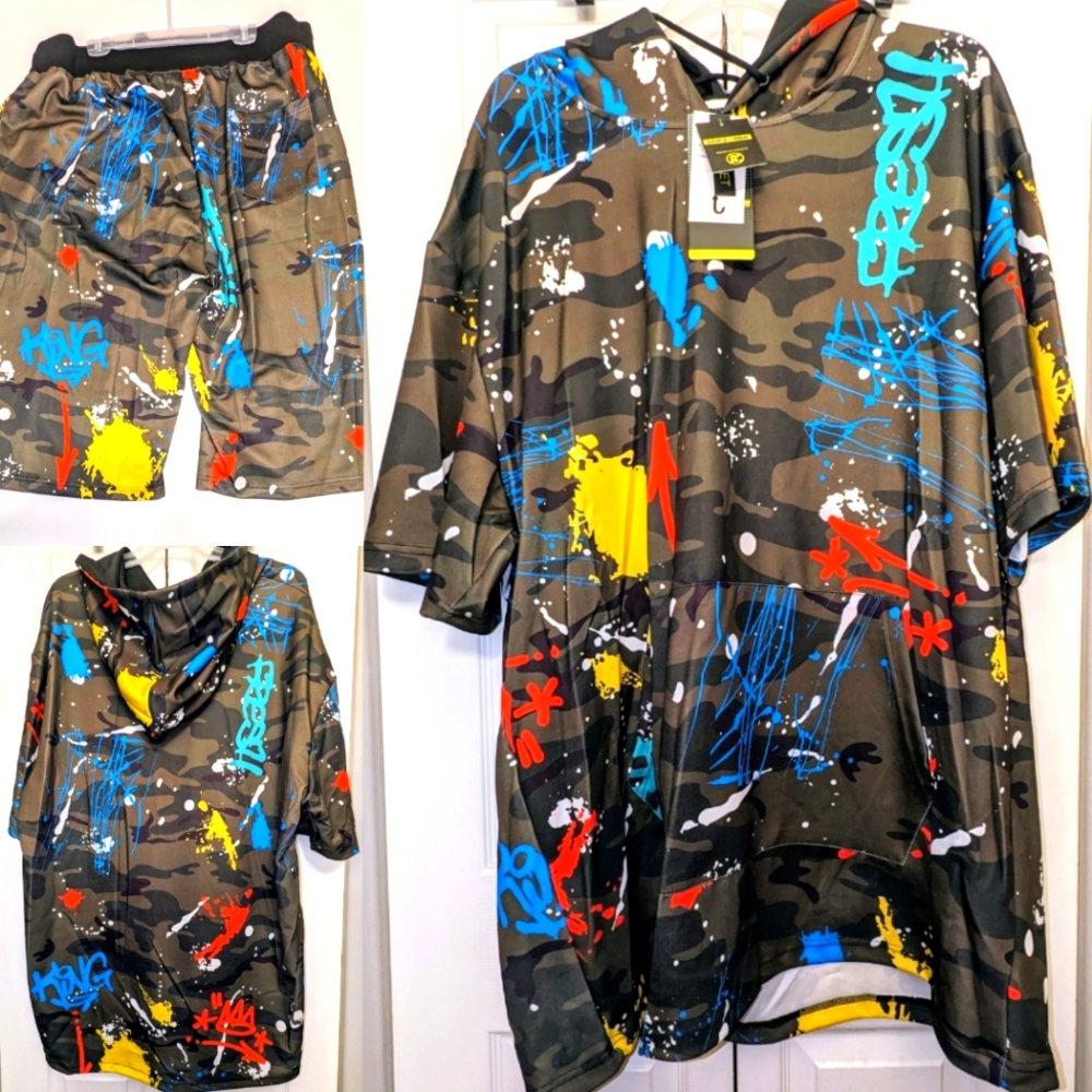 Big Men's Camouflage Multicolored Hoodie Athletic Shorts Set